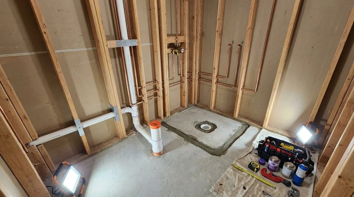 Bathroom rough-in plumbing during remodel by Johns Plumbing LLC in Morrow