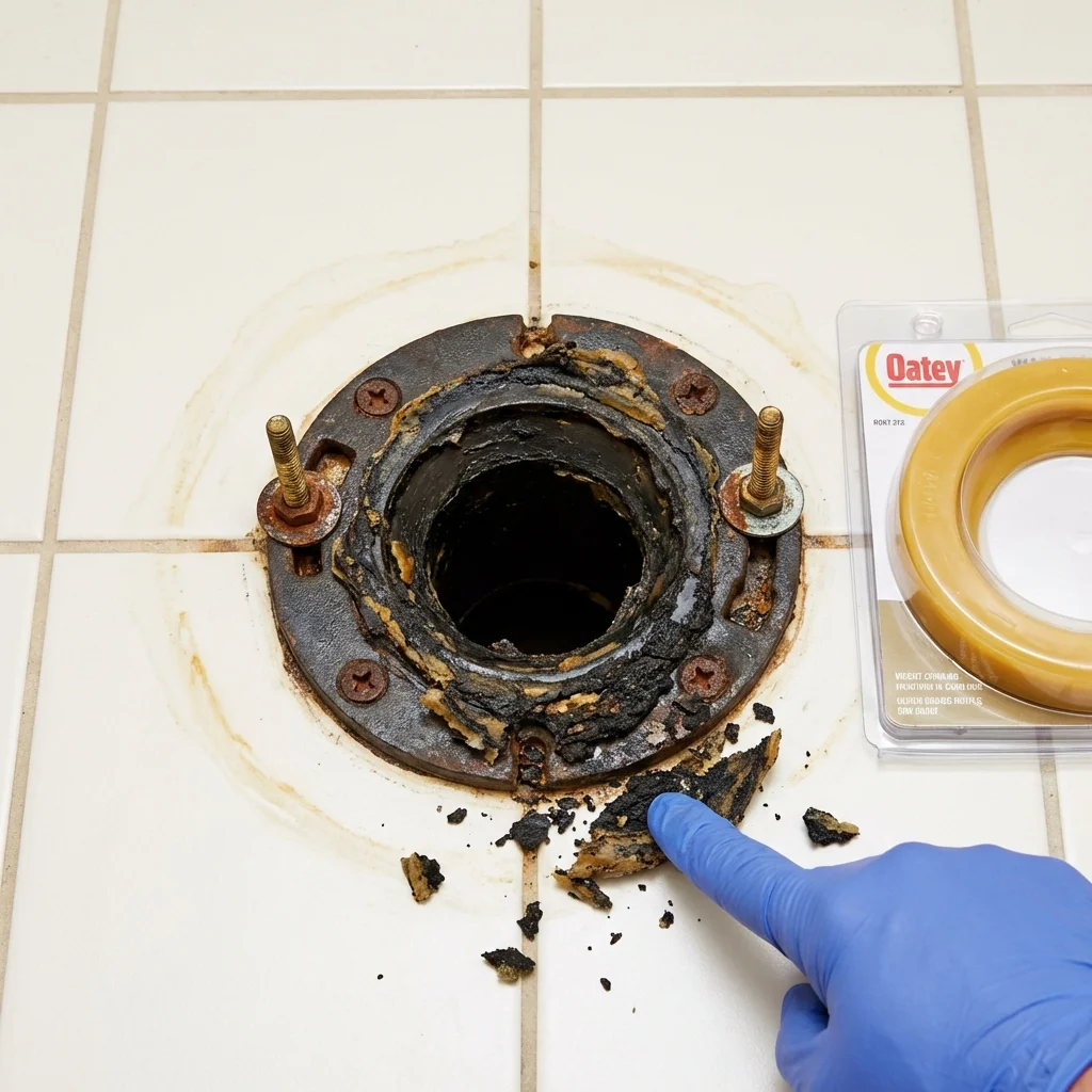 Failed wax ring showing water seepage at the base of a toilet in a Morrow, OH home
