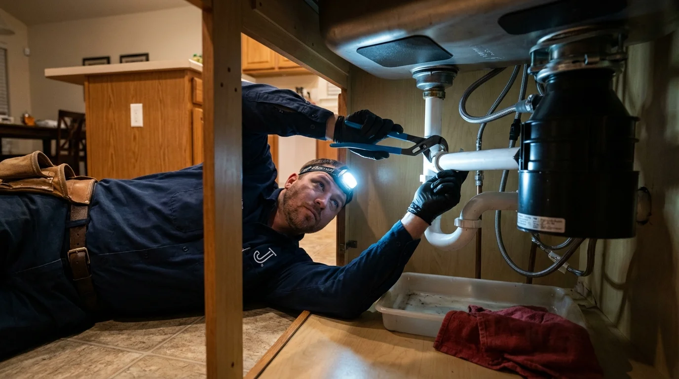 P-trap and supply line connections under a kitchen sink showing a common leak point in Morrow, OH